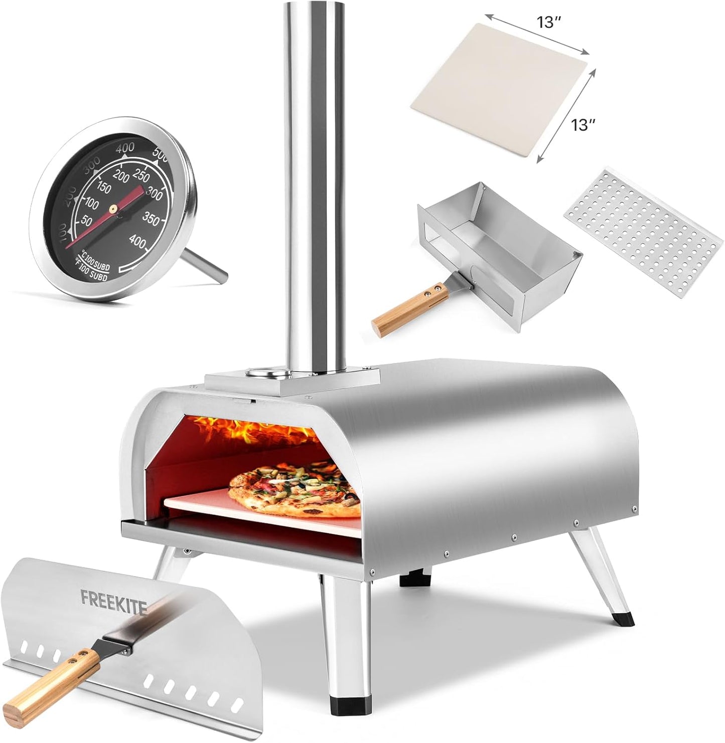 Pizza Oven 13 Inch Outdoor Wood Fired Portable Stainless Steel Pizza Oven with Pizza Stone for Family Outside Cooking Camping Backyard BBQ Pizza Maker Garden Kitchen(Silver 13IN)
