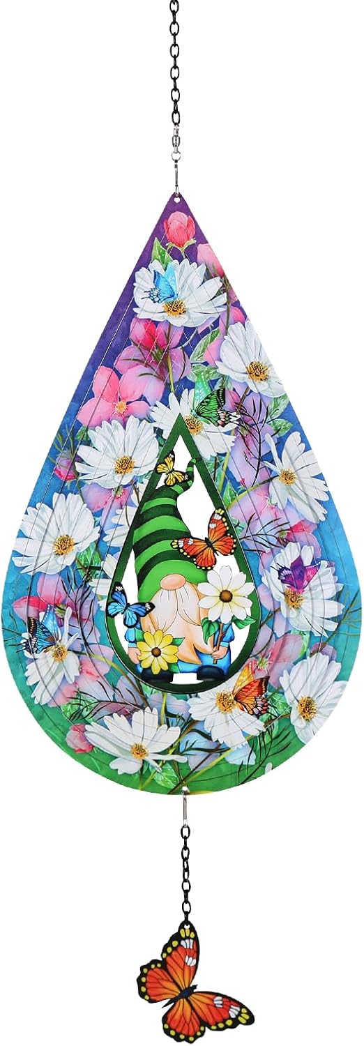 Gnomes and Butterfly Hanging Wind Spinners, Outdoor 3D Metal Sculptures for Garden and Yard Decoration Large Wind Spinner with a 360° Rotating Hook, Gifts for Women Mom Grandma Wife