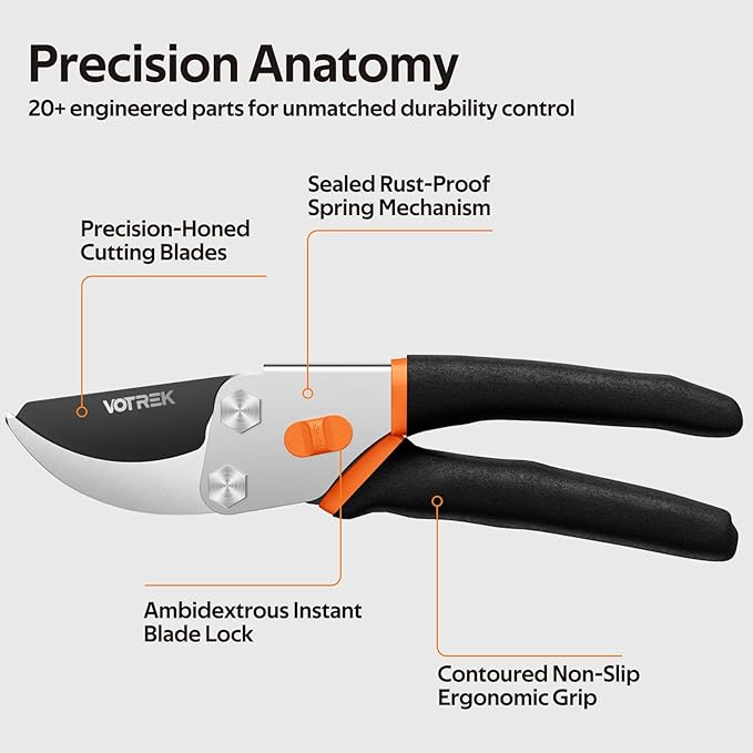 VOTREK Pruning Shears, 8.5” Professional Garden Pruner with Jam-Proof Spring & Ever-Sharp SK5 Blade, Ergonomic Bypass Clippers for Rose, Tree Trimming, Heavy Duty Bonsai Scissor for Weak Hand