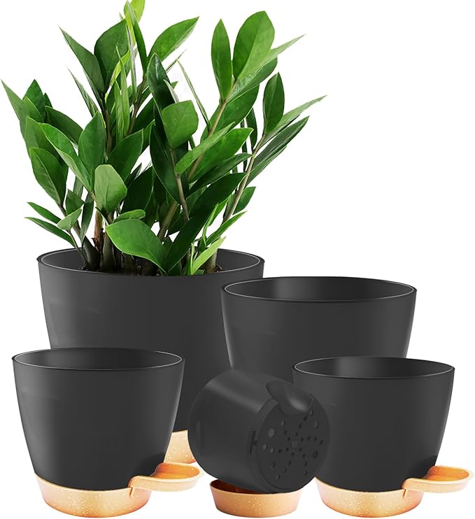 5-Pack Plant Pots with Drainage for Winter Care 7/6.5/6/5.5/5 Inch, Self Watering Pots for Indoor Plants, Planters for Indoor Outdoor Plants, Plastic Flower Pot, Planter for Indoor Outdoor (Black)