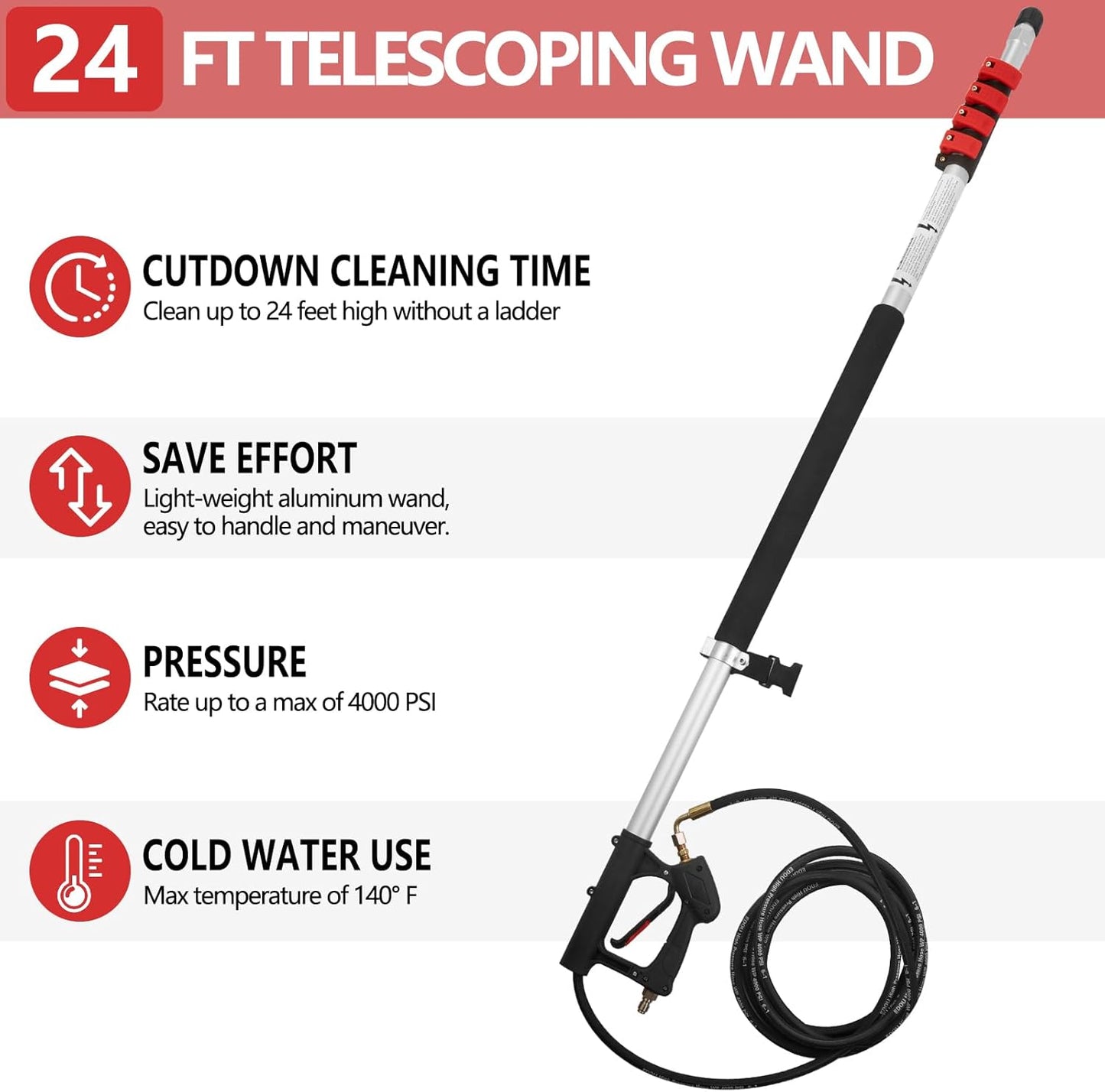 Tecoloy 24 FT Telescoping Pressure Washer Wand with Power Washer Extension Wand, Support Belt, Gutter Cleaner Attachment, 5 Spray Nozzle Tips and 2 Hose Inlet Adapters