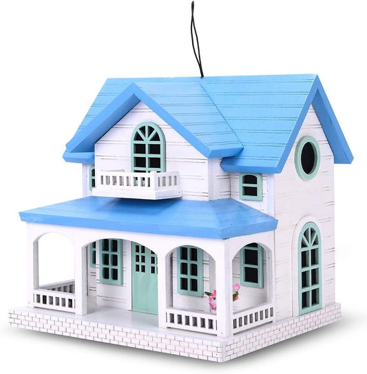 Decorative Wooden Birdhouse for Outdoor Hanging – Handcrafted Miniature Cottage Style with Blue Roof, Front Porch, and Balcony – Garden or Backyard Décor for Wild Birds (Ocean Bungalow)