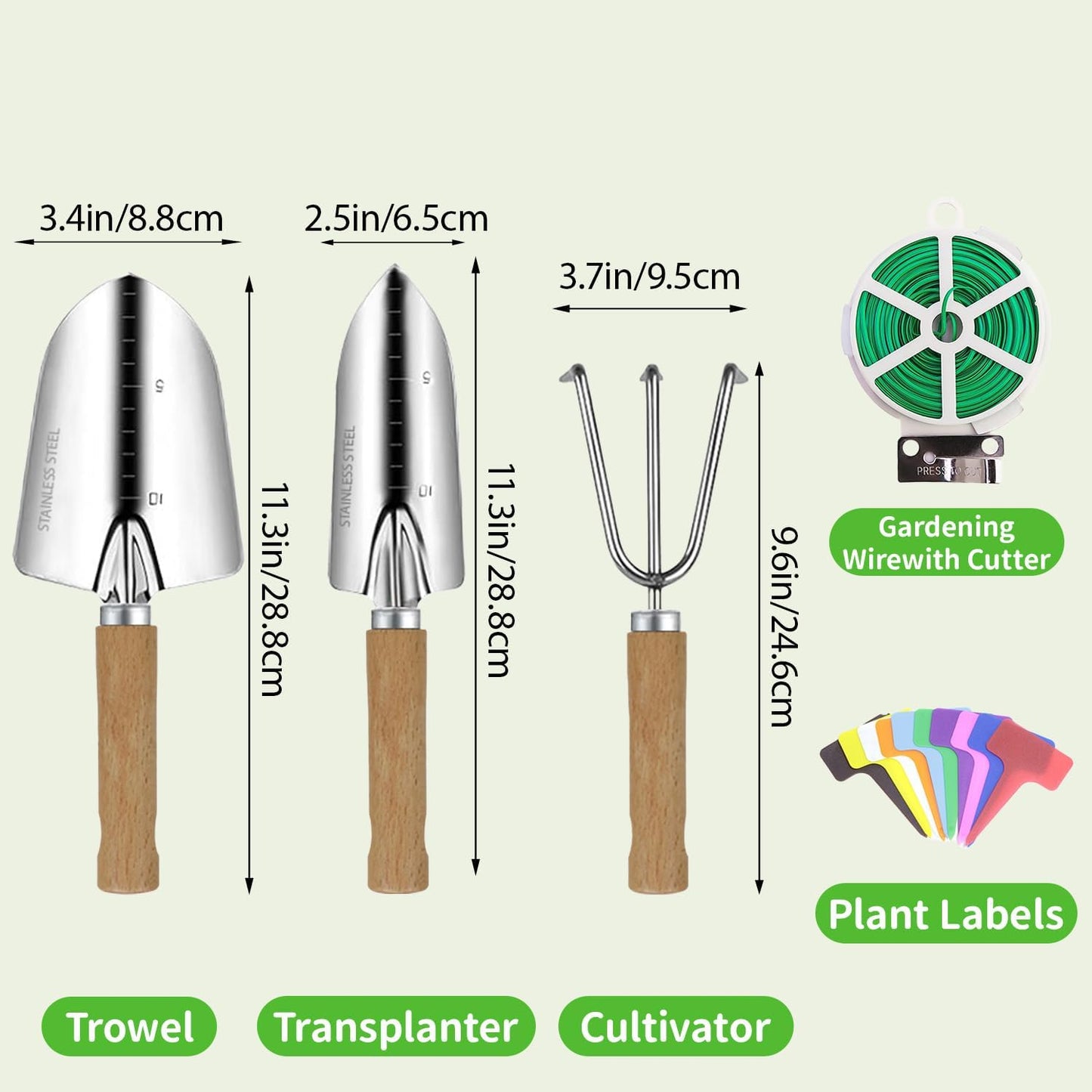 Garden Tool Set, 3 Pieces Gardening Kit with Garden Plant Twist Tie and Plastic Plant Tag, Stainless Steel Heavy Duty Garden Tools with Wooden Handle, Gardening Gifts for Women