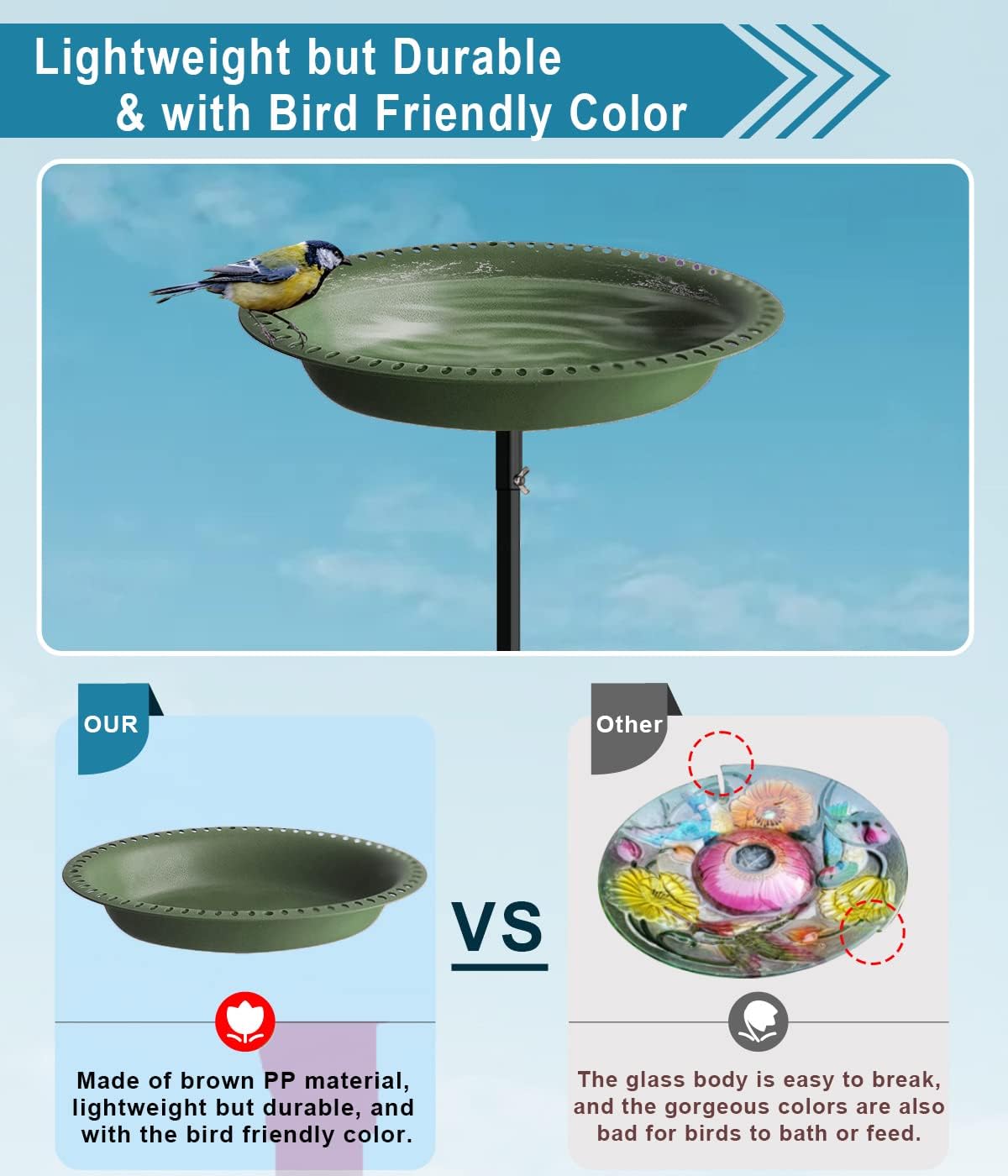 Koutemie 1-¼ Gallon Detachable Freestanding Garden Bird Bath Bird Feeder Bowl with Metal Stake for Outdoor, Deep Green, 29 Inch