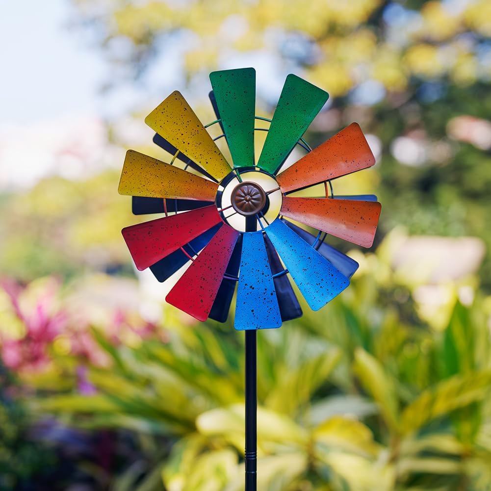Stargarden Wind Spinners Outdoor, 13.4 Inch Kinetic Pinwheels, Colorful Metal Garden Spinners Double Windmill for Yard, Lawn, Patio