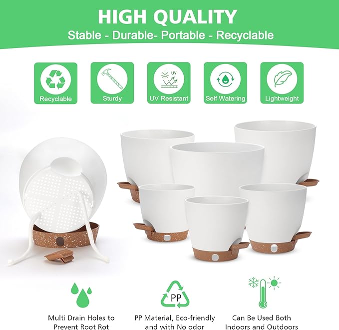 Self Watering Planter with Visual Water Level, 6Pack Small Plastic Pot Set with Drainage Holes and Reservoir Saucers, Modern 8+7+6.5+6+5.5+5 Inch Bottom Watering Flower Pots for Indoor Plant - White