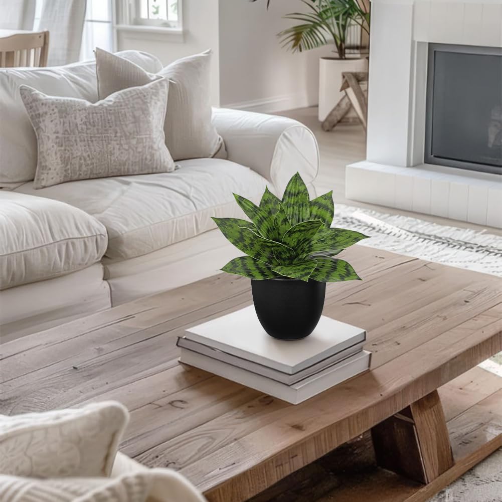 Hollyone Artificial Snake Plants 9" Faux Agave Succulent Plant Potted in Black Pot Fake Sansevieria Aloe Tropical Plant for Desk Modern Office Home Bathroom Indoor Outdoor Decor