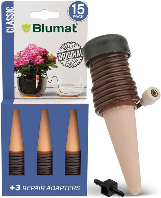 Blumat Classic Self-Watering Stakes - Automatic Drip Irrigation System for Indoor Plant Watering & Outdoor - Water Drip Solution for Potted Plants - Slow Release Stakes, 15 Pack, w Adapter
