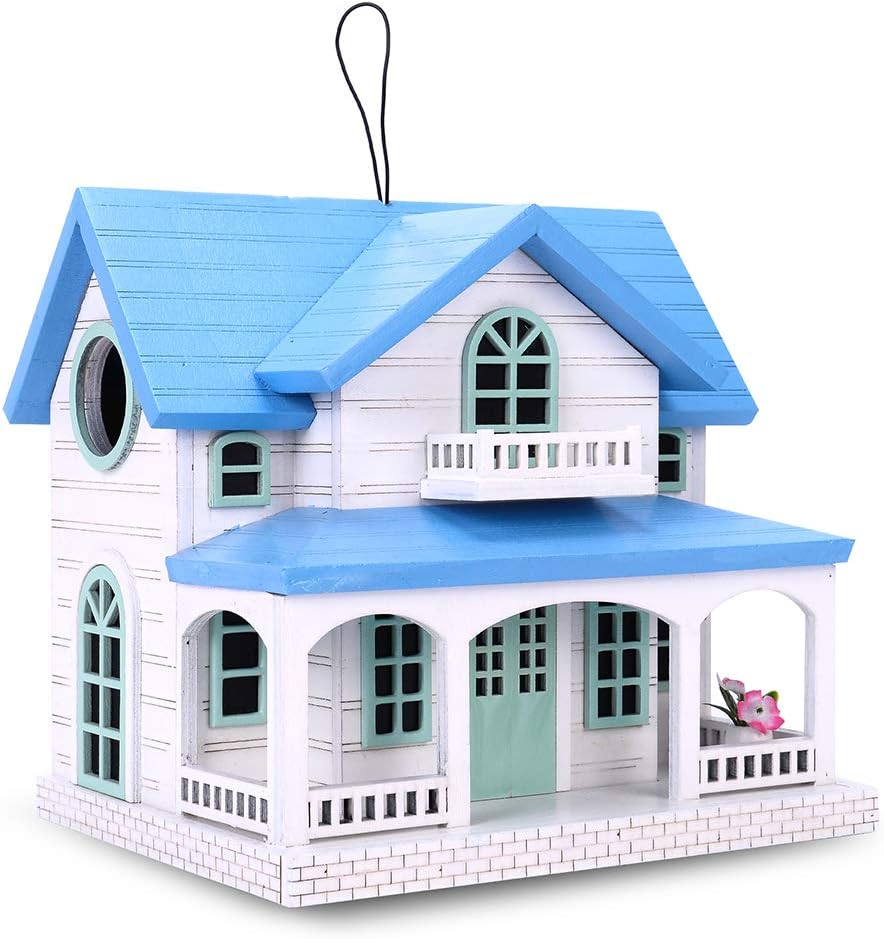 Decorative Wooden Birdhouse for Outdoor Hanging – Handcrafted Miniature Cottage Style with Blue Roof, Front Porch, and Balcony – Garden or Backyard Décor for Wild Birds (Ocean Bungalow)