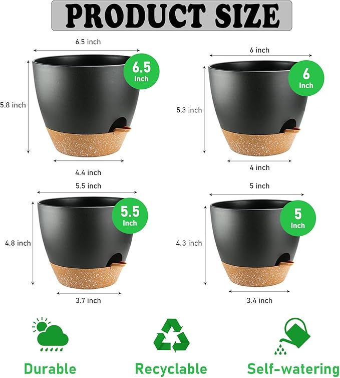 Carsapro 4-Pack Plant Pots with Drainage 6.5/6/5.5/5 Inch, Self Watering Pots for Indoor Plants, Planters for Indoor Outdoor Plants, Plastic Flower Pot, Planter for Indoor Outdoor (Black)