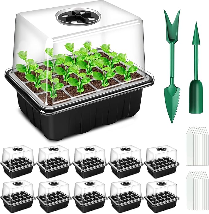 YAUNGEL Seed Starting Trays, 10 Pack 120 Cells Thicken Seed Starter Tray Kit with Humidity Dome/Heightened Lids Durable Growing Trays for Greenhouse & Gardens, Black