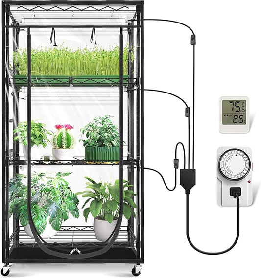 JESLED Indoor Greenhouse with Grow Light - Full Spectrum 5000K LED for Seed Starting, Tiered Lighting Control, Built-in Timer & Thermo-Hygrometer, Rolling Metal Plant Stand (23.6x13.8x59 in)