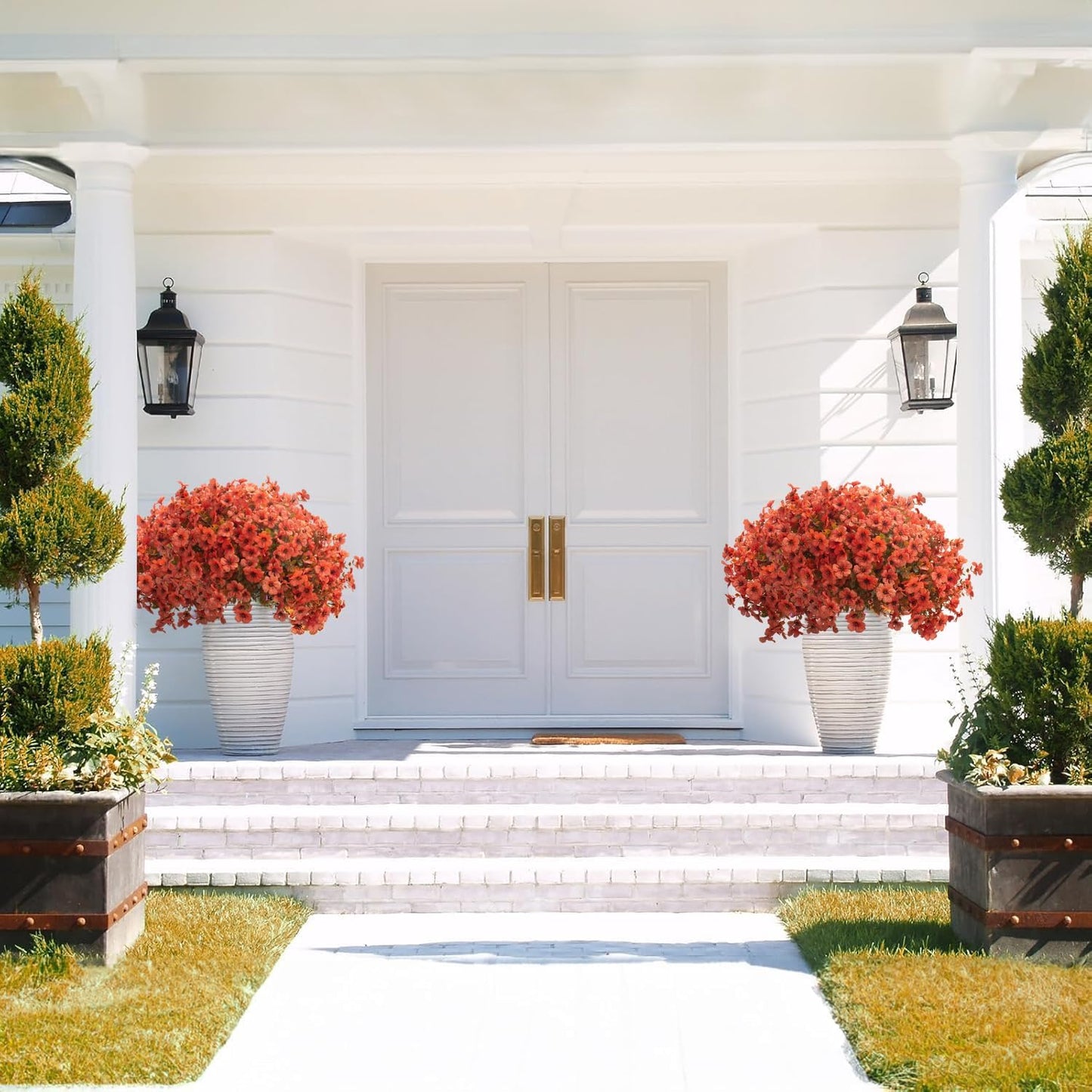 Fall Outdoor Artificial Flowers 16 Bundles - UV Resistant Faux Daisy with Eucalyptus Leaves, Weatherproof Fake Plants for Porch, Patio, Garden Decor, Indoor Outdoor Decor (Fall Orange Red)