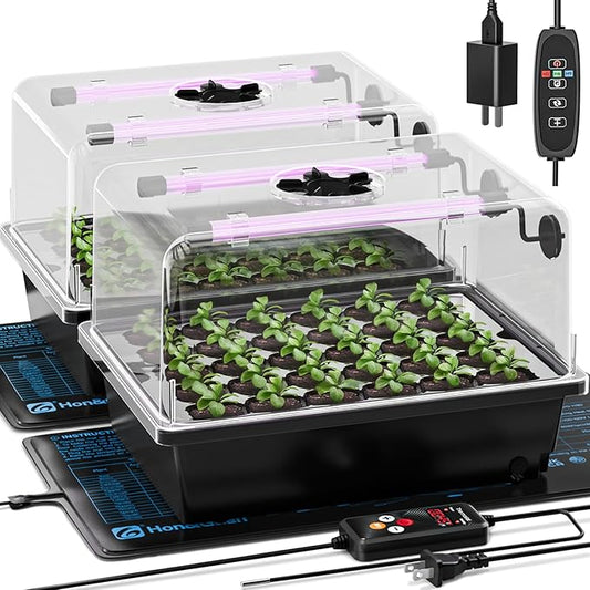 Hon&Guan 2 Pack Seed Starting Kit - 30 Cell Seed Starter Tray with Higher 5.3” Humidity Dome, LED Growing Lights and 10"x20.75" Seedling Heat Mat, Adjustable Vents - Germination & Plant Propagation