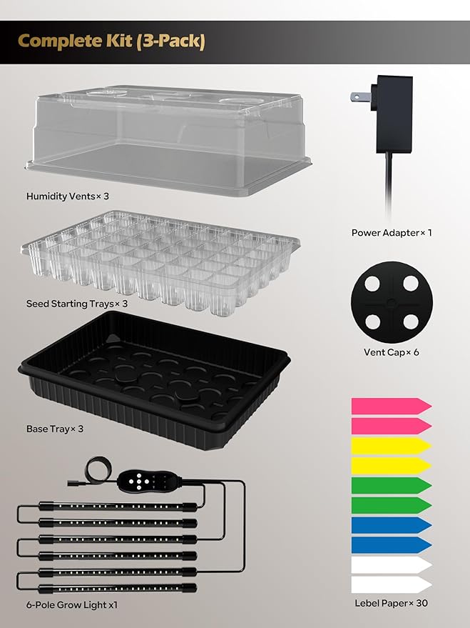 GLOWRIUM Seed Starter Tray with Full Spectrum Grow Light,54-Cell*3 Pack Seed Starter Kit with Humidity Dome,6-Setting Auto Timer,Adjustable Brightness for Indoor Plant (3-Pack)