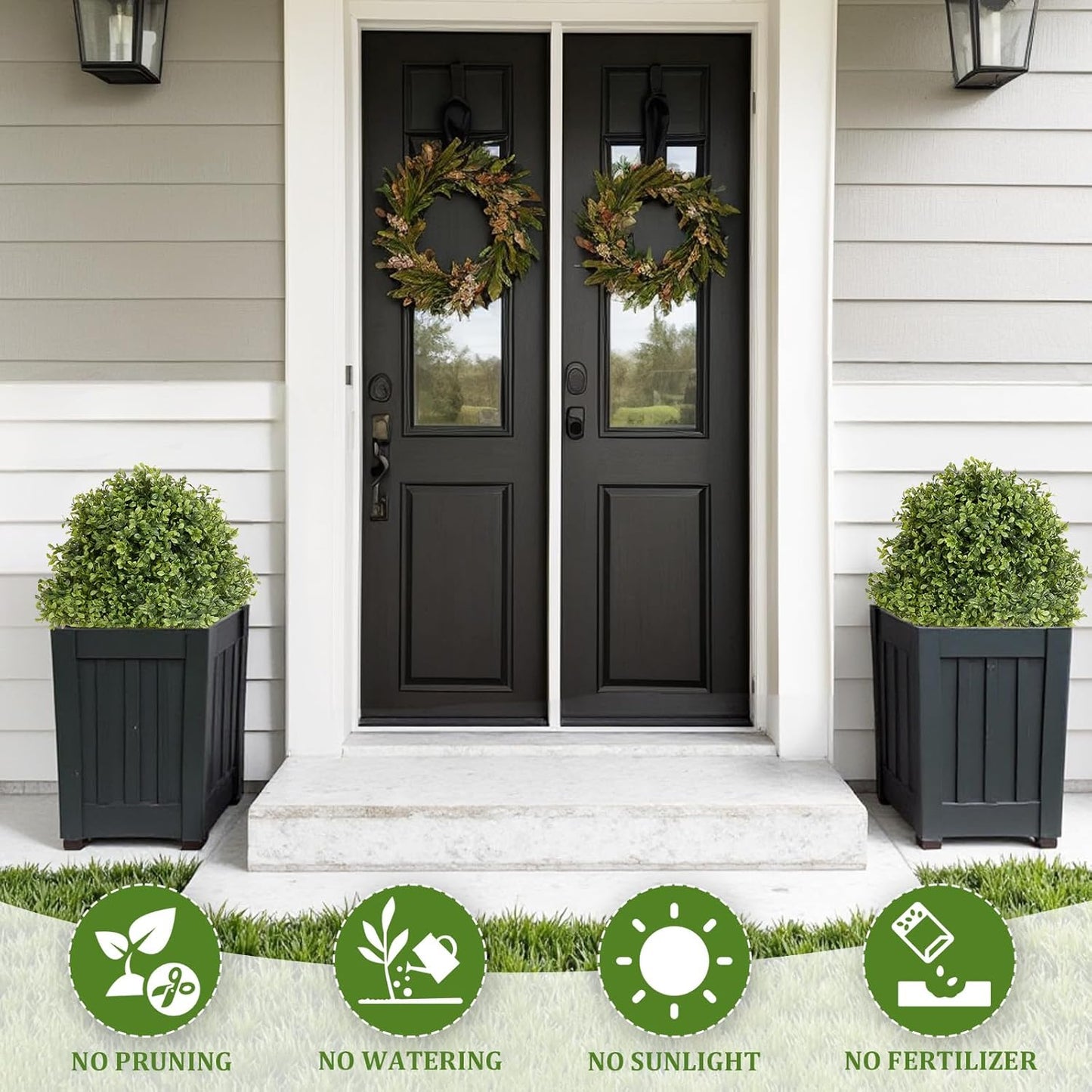 27" Tall Artificial Boxwood Ball Topiary Trees Set of 2, UV Resistant Large Faux Plants Outdoor, 2ft Fake Bushes and Shrubs Look Real with Ground Spike for Front Porch Outside Planter Backyard Decor