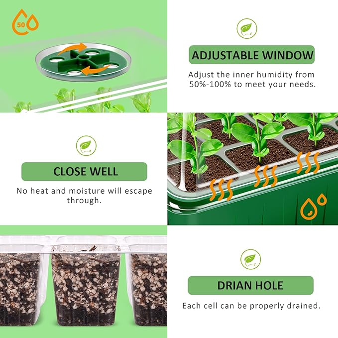 YAUNGEL Seed Starter Tray, 10 Pack 60 Cells Thicken Seed Starting Trays Kit with Large Cell/Heightened Lids/Humidity Dome, Durable Growing Trays Germination Kit for Greenhouse & Gardens, Green