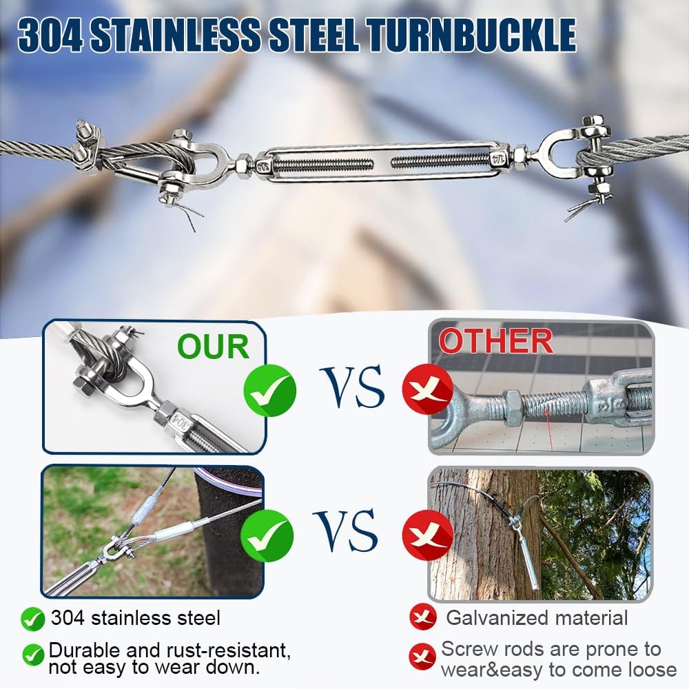 1/4" Wire Rope Kit, 100ft Stainless Steel Cable with 2Pcs 1/4 Turnbuckle, Clamp & Thimble, 7x19 Strands Heavy Duty Metal Cable,1400 lbs Load Limit, Turnbuckles for Cables Wire, Zipline