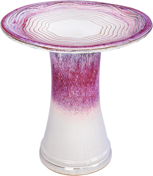 Ceramic Bird Bath for Outdoors – 18" H Birdbath Tool-Free Assembly, Hand-Glazed Earthenware with Non-Slip Bowl, Weather-Proof Sturdy Pedestal Design, Garden Decor(Red)