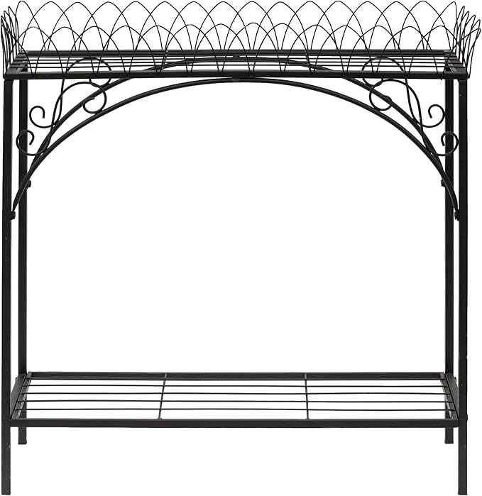 Black Long Double-Layer Plant Shelf, French Courtyard Style Metal Stand for Tall Potted Plants, Sturdy Indoor Outdoor Planter Holder Garden Decor