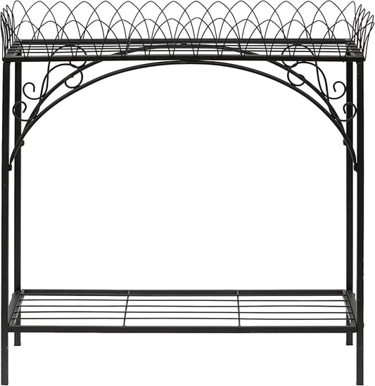 Black Long Double-Layer Plant Shelf, French Courtyard Style Metal Stand for Tall Potted Plants, Sturdy Indoor Outdoor Planter Holder Garden Decor