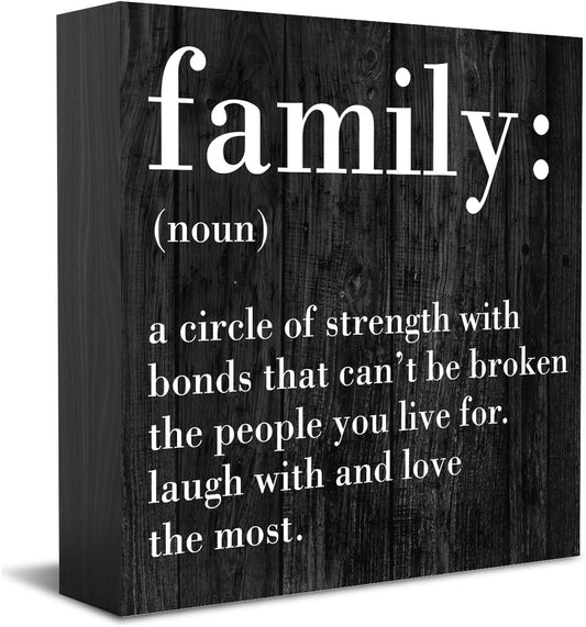 Family Noun Family Quotes Desk Decor Wooden Box Sign Inspirational Rustic Black Wood Block Plaque Box Sign for Home Farmhouse House Kitchen Bathroom Living Room Shelf Table Decoration