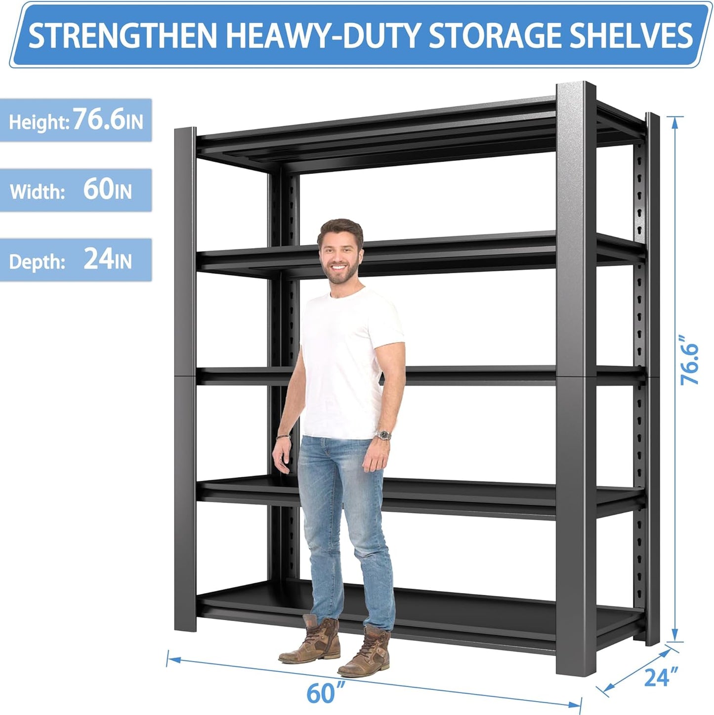 5-Tier Garage Shelving Heavy Duty, 3000 LBS Capacity Metal Storage Rack 24" D x 60" W x 76" H, Adjustable Steel Shelves Unit for Garage, Warehouse, Basement, Pantry, Workshop.1 Pack