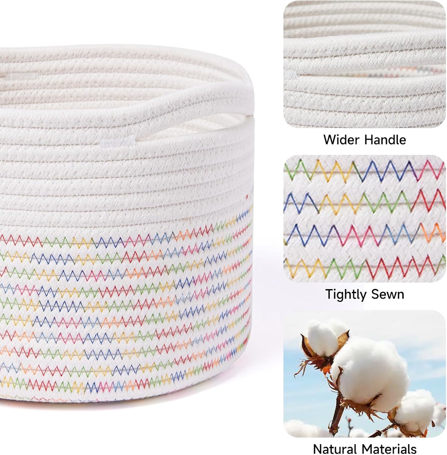 Small Basket for Organizing | Cube Shelf Closet Storage Baskets | 9.7×9.7×7.1” | Woven Rope Gift Basket | Nursery | Round 3 Packs Rainbow