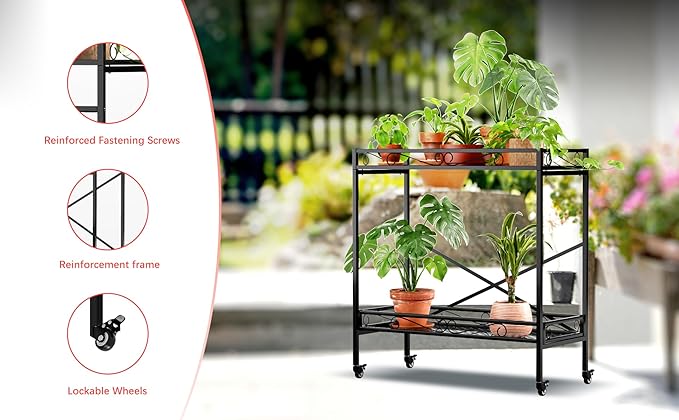 Zhongma 2 Tier Sturdy Metal Plant Stand with Wheels,Heavy Duty Succulent Shelf for Home Indoor and Outdoor, 440 LBS Capacity & Heavy Duty Construction,36.6x16x39.4 Inch High