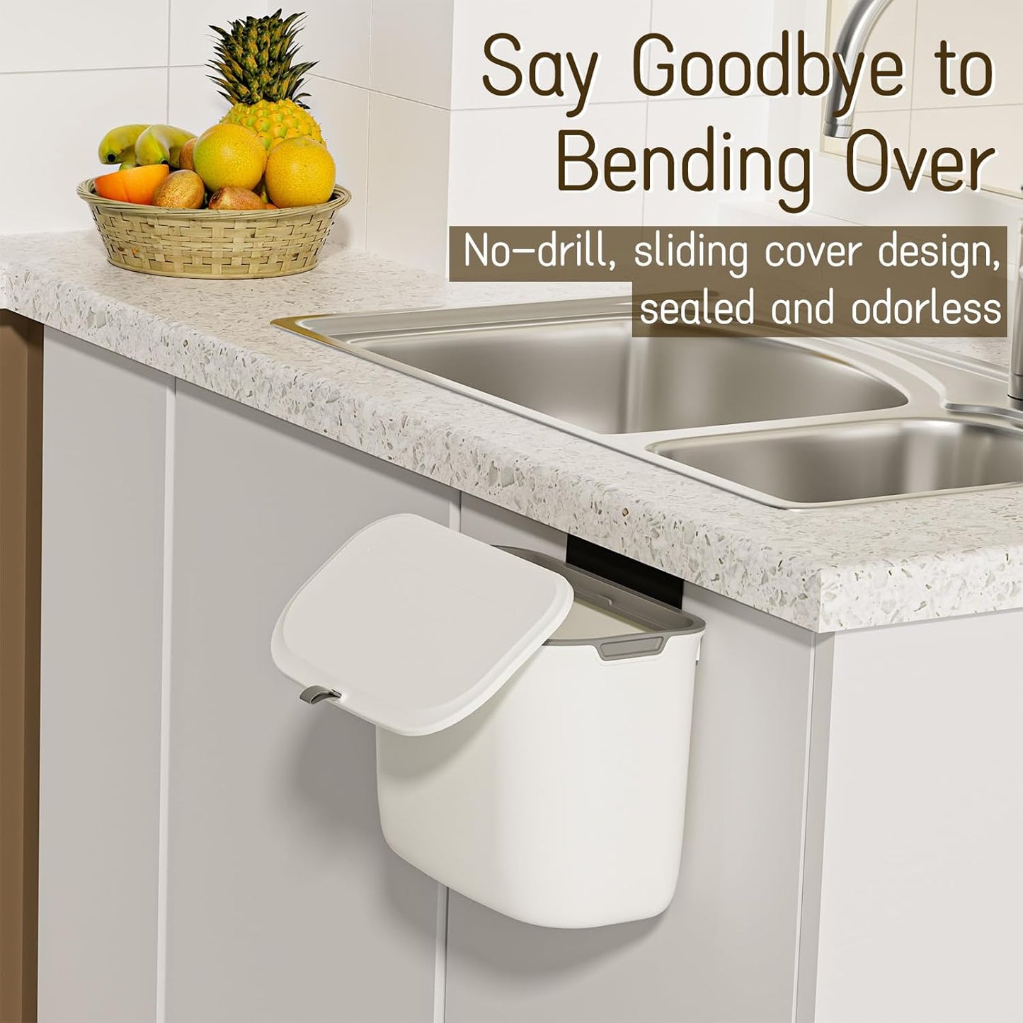 1.9 Gallon Kitchen Compost Bin Hanging Small Trash Can with Lid Under Sink Dual Installation & Triple-Seal Technology, Odorless Kitchen/Bathroom/Office Trash Can for Home, RV