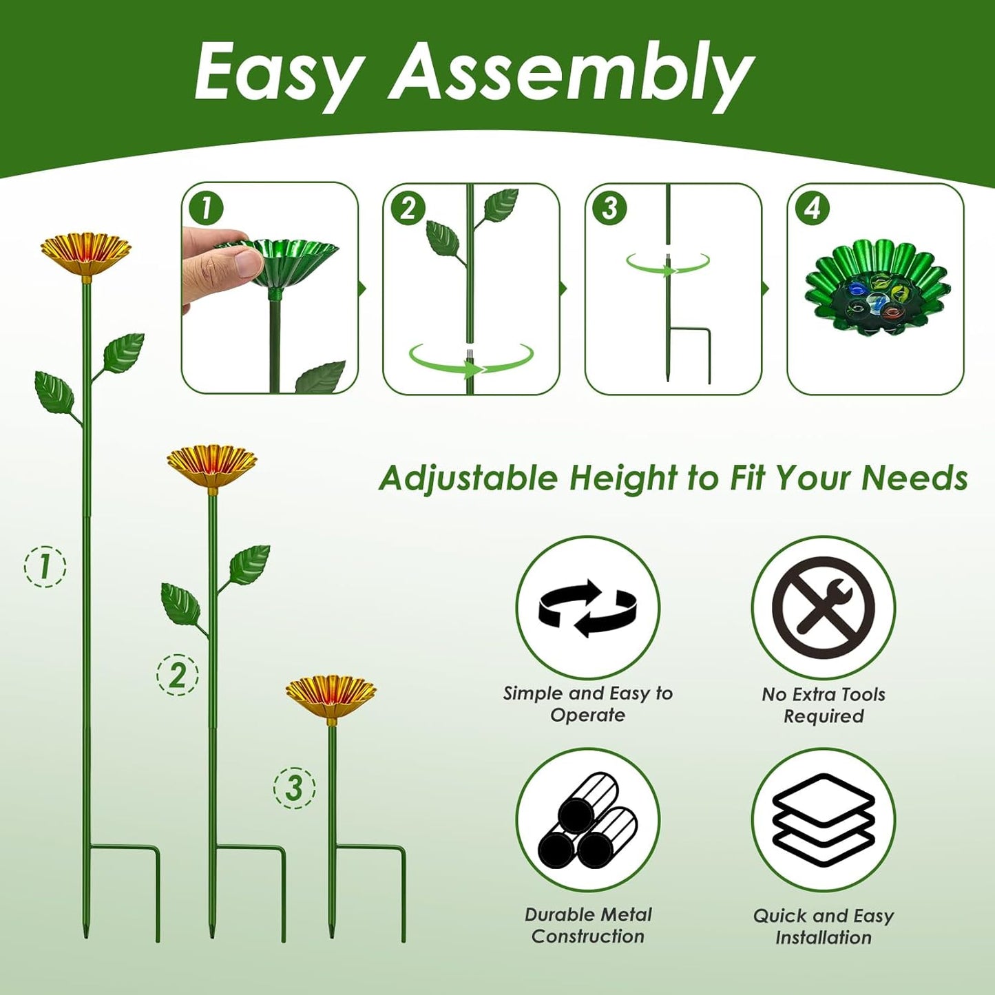 4 Pcs Metal Bee Watering Station for Garden - Height-Adjustable Bee & Butterfly Feeder with 20 Glass Marbles, Colorful Flower Design Bee Bath Bowl for Outdoor Yard Decor