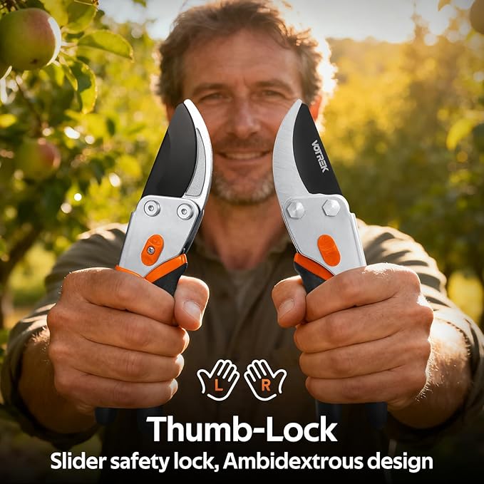 VOTREK Pruning Shears, 8.5” Professional Garden Pruner with Jam-Proof Spring & Ever-Sharp SK5 Blade, Ergonomic Bypass Clippers for Rose, Tree Trimming, Heavy Duty Bonsai Scissor for Weak Hand