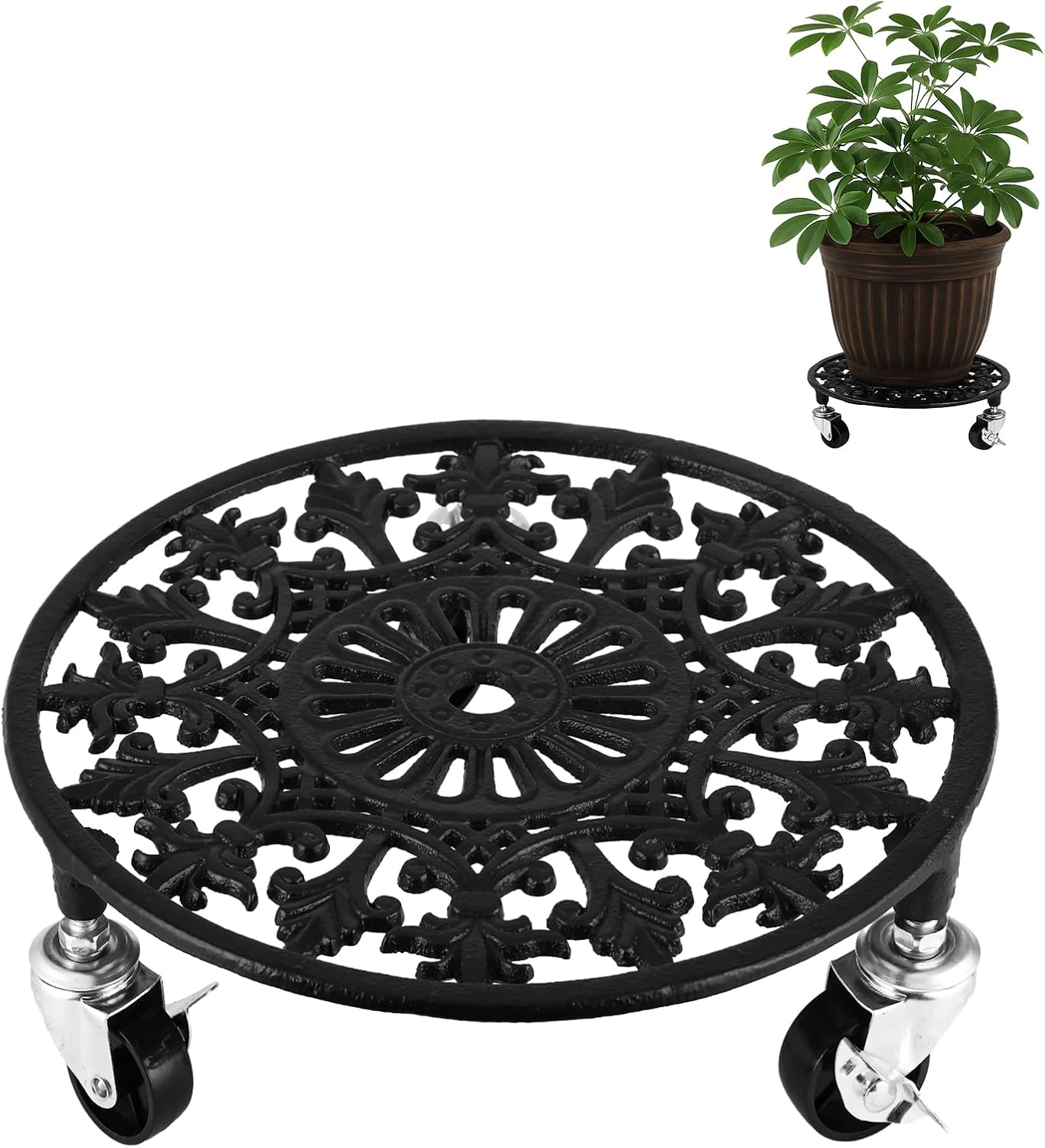 1 Pack Plant Caddy with Wheels 14 Inch Rolling Plant Stand for Large Plants Heavy Duty Plant Rollers Metal Plant Dolly Rustproof Planter Stand Wrought Iron Plant Stands Flower Cart Indoor Outdoor