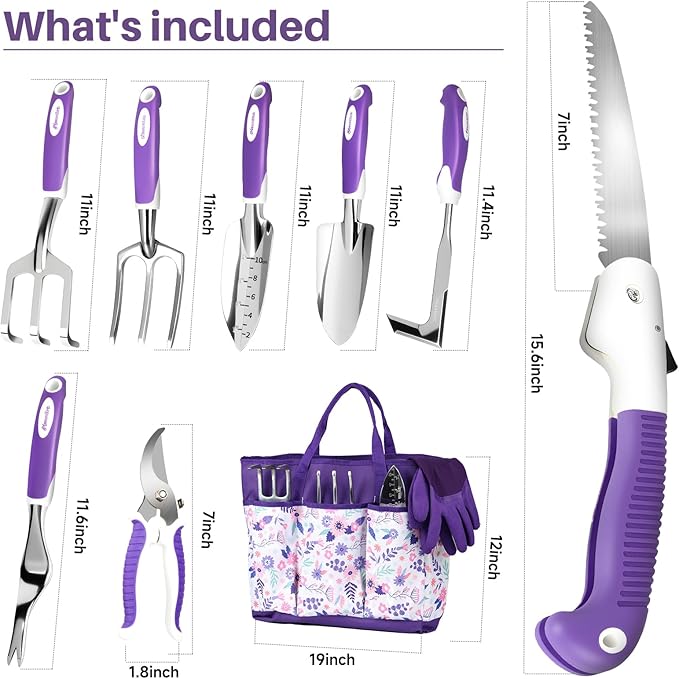 MelonArt Garden Tool Set, 10 Pcs Heavy Duty Gardening Tool Kit Women Garden Gift Set Aluminum with Non Slip Ergonomic Handle, Storage Tote Bag and Gloves, Garden Supplier for Women&Men(Purple)