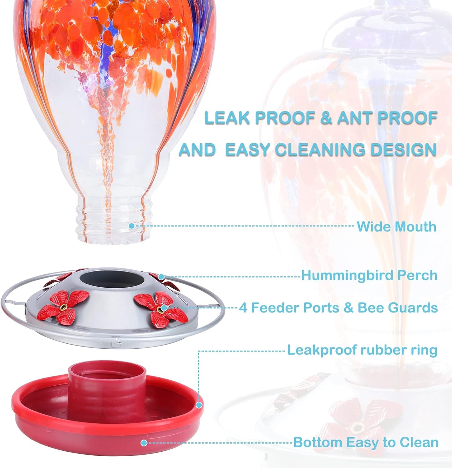 Yinns Hummingbird Feeders for Outdoors Hanging Ant and Bee Proof, Blown Glass Bird Feeder, Glass Hummingbird Feeder with Ant Moat Hanging Hook, Brush, Rope