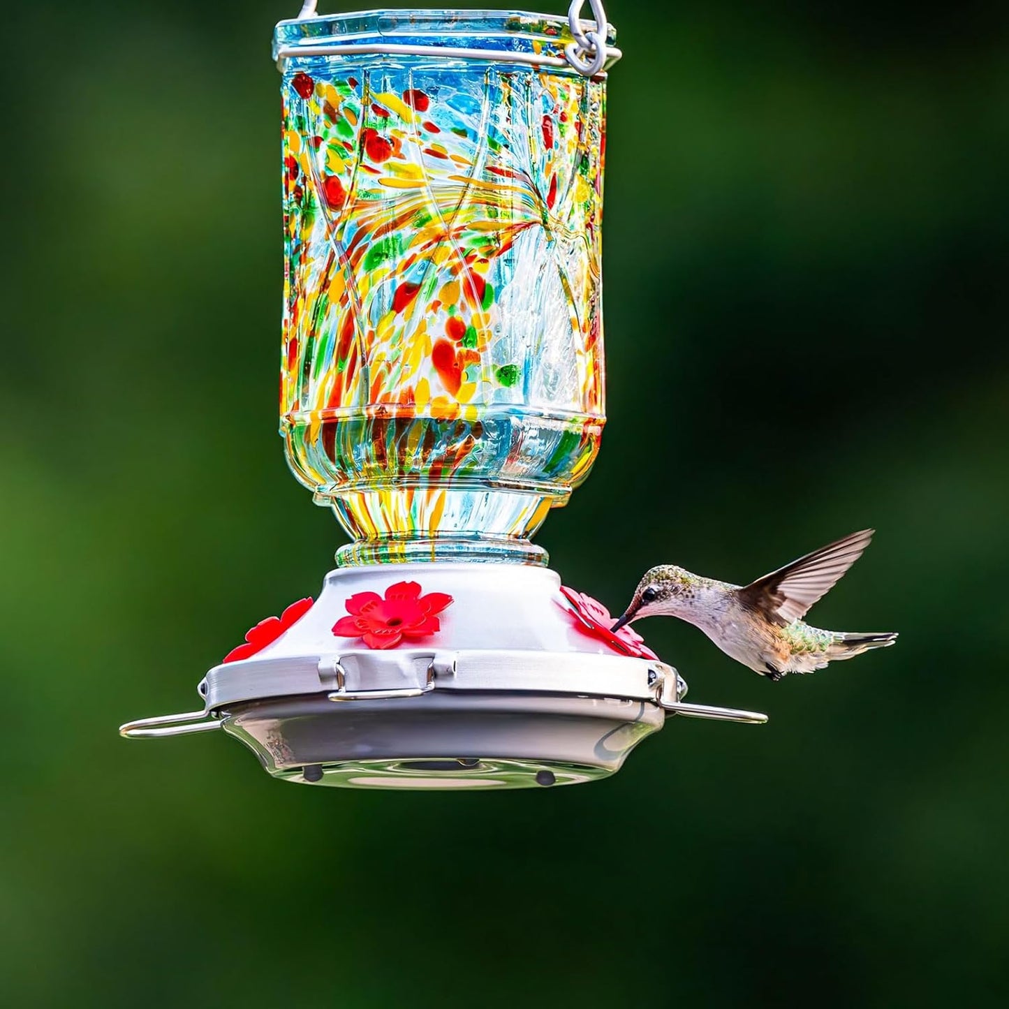 Hummingbird Feeders for Outdoors with Ant Moat, Hand Blown Glass Hummingbird Feeder, 4 Feeding Ports with Perch, Outdoor Garden Décor, 15 OZ, Blue, Gifts for Mom Wife Dad Men Women