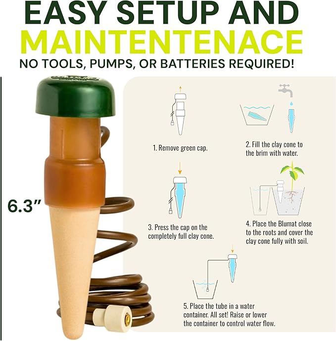 Blumat Classic Self-Watering Stakes - Automatic Drip Irrigation System for Indoor Plant Watering & Outdoor - Water Drip Solution for Potted Plants - Slow Release Stakes, 15 Pack, w Adapter