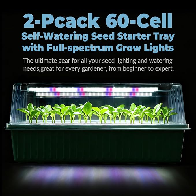 120-Cell Self-Watering Seed Starter Tray with Grow Light,2 Sets of 60-Cell Seed Starter Kit with Tall Humidity Dome,Indoor Seedling Starting Germination Kit with 4 Full-spectrum Growing Light Tubes