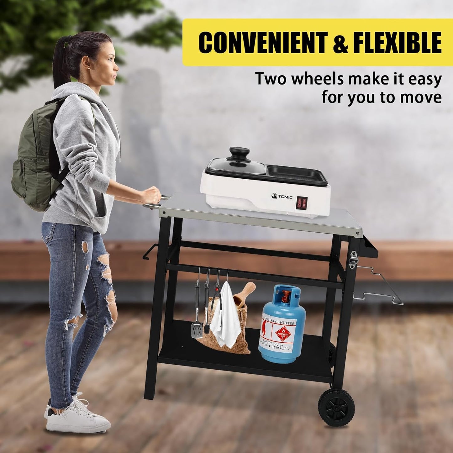 Outvita Outdoor Grill Cart, Movable Food Prep and Work Cart Table, Pizza Oven Stand Table with Wheels, Indoor & Outdoor Multifunctiona Stainless Steel Flattop BBQ Table for Home Party Camping