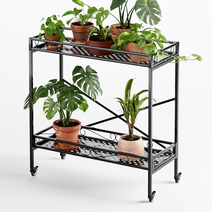 Zhongma 2 Tier Sturdy Metal Plant Stand with Wheels,Heavy Duty Succulent Shelf for Home Indoor and Outdoor, 440 LBS Capacity & Heavy Duty Construction,36.6x16x39.4 Inch High