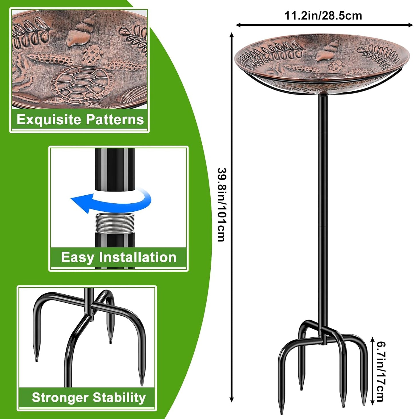40 Inch Metal Bird Bath for Outside, Detachable Birdbath & Birdfeeder with Base Stake, Vintage Bird Baths for Outdoors Garden Yard Lawn Decor (Vintage Copper)