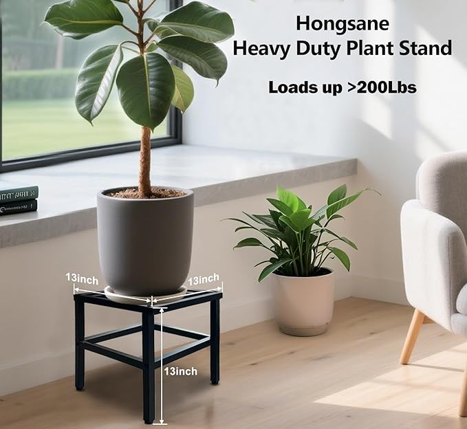 Hongsane Plant Stand Indoor Outdoor,13 Inch Round Metal Plant Stands Riser,Heavy Duty Wrought Iron Pedestal Holders for Large Flower Pot,Outside Rust-Proof Black Flower Display Shelf for Patio,1-Pack