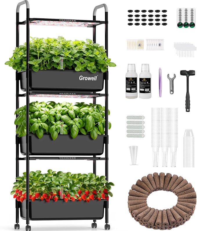 Growell Hydroponics Growing System Kit, 81 Pods Vertical Indoor Herb Garden with Smart LED Grow Light, Auto Circulating Water Pump Each Tier, 42L Hydroponic Gardening Systems for Ideal Gifts (Black)