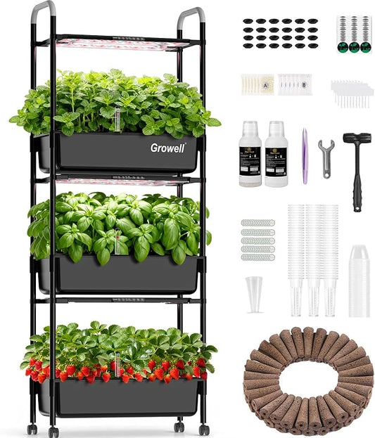 Growell Hydroponics Growing System Kit, 81 Pods Vertical Indoor Herb Garden with Smart LED Grow Light, Auto Circulating Water Pump Each Tier, 42L Hydroponic Gardening Systems for Ideal Gifts (Black)