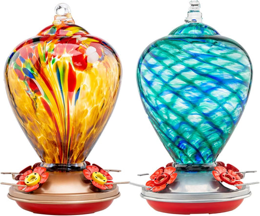 2 Packs Hummingbird Feeder for Outdoors Hanging Ant and Bee Proof, 34OZ 32OZ Hand Blown Glass Hummingbird Feeders for Outside (Yellow & Blue)
