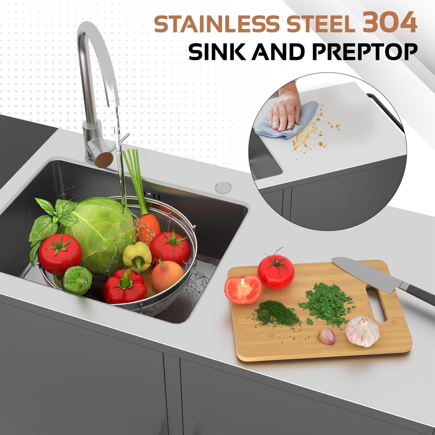 Outdoor Kitchen Sink with Hose Hook up, Stainless Steel Worktable Kitchen Cabinet Island, Grill Prep Table Work Station, Grill Cart for Garden, Backyard and Lawn