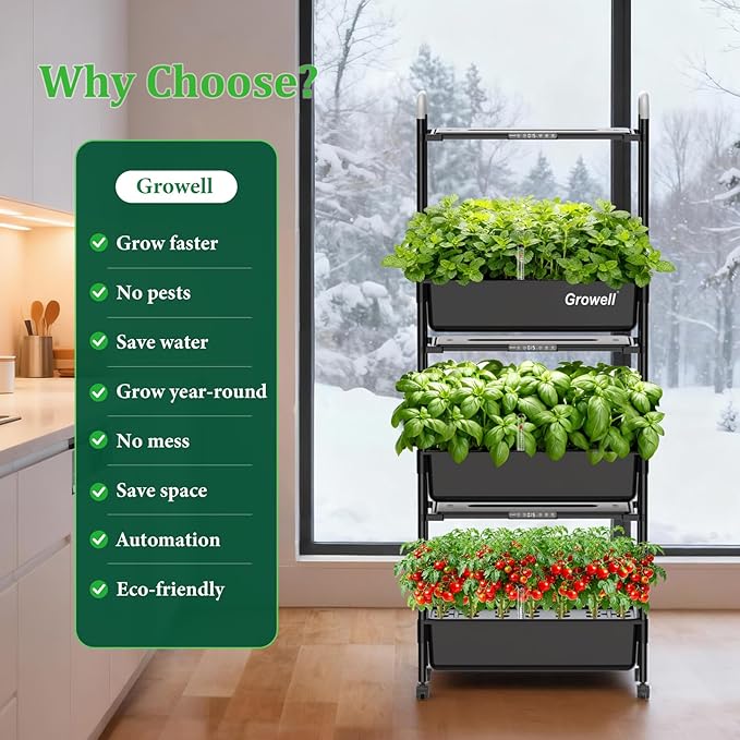 Growell Hydroponics Growing System Kit, 81 Pods Vertical Indoor Herb Garden with Smart LED Grow Light, Auto Circulating Water Pump Each Tier, 42L Hydroponic Gardening Systems for Ideal Gifts (Black)