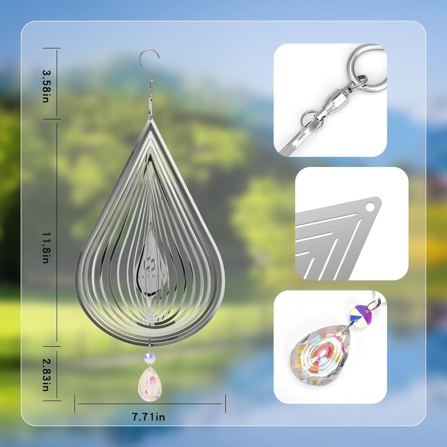 3D Wind Spinners Outdoor Flowing-Light Effect Metal Garden Decor, Highly Reflective Bird Deterrents for Outside, Mirrored Wind Sculptures to Scare Birds Away from Yard Patio Farm (Water-Drop-Silver)