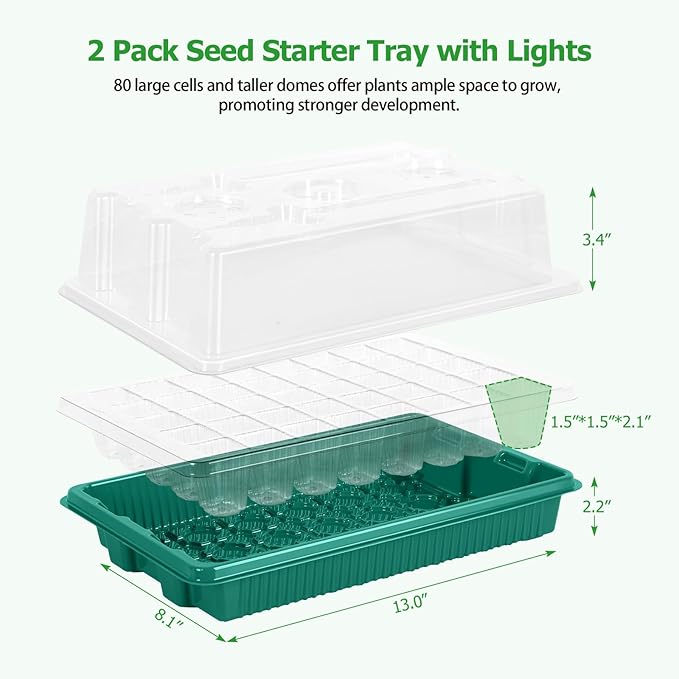 Seed Starter Tray with Grow Light 80 Cells Seed Starter Kit with Humidity Dome Indoor Seedling Starter Trays Adjustable Brightness and Timed Plant Germination Starter Trays for Seeds Growing, 2 Pack