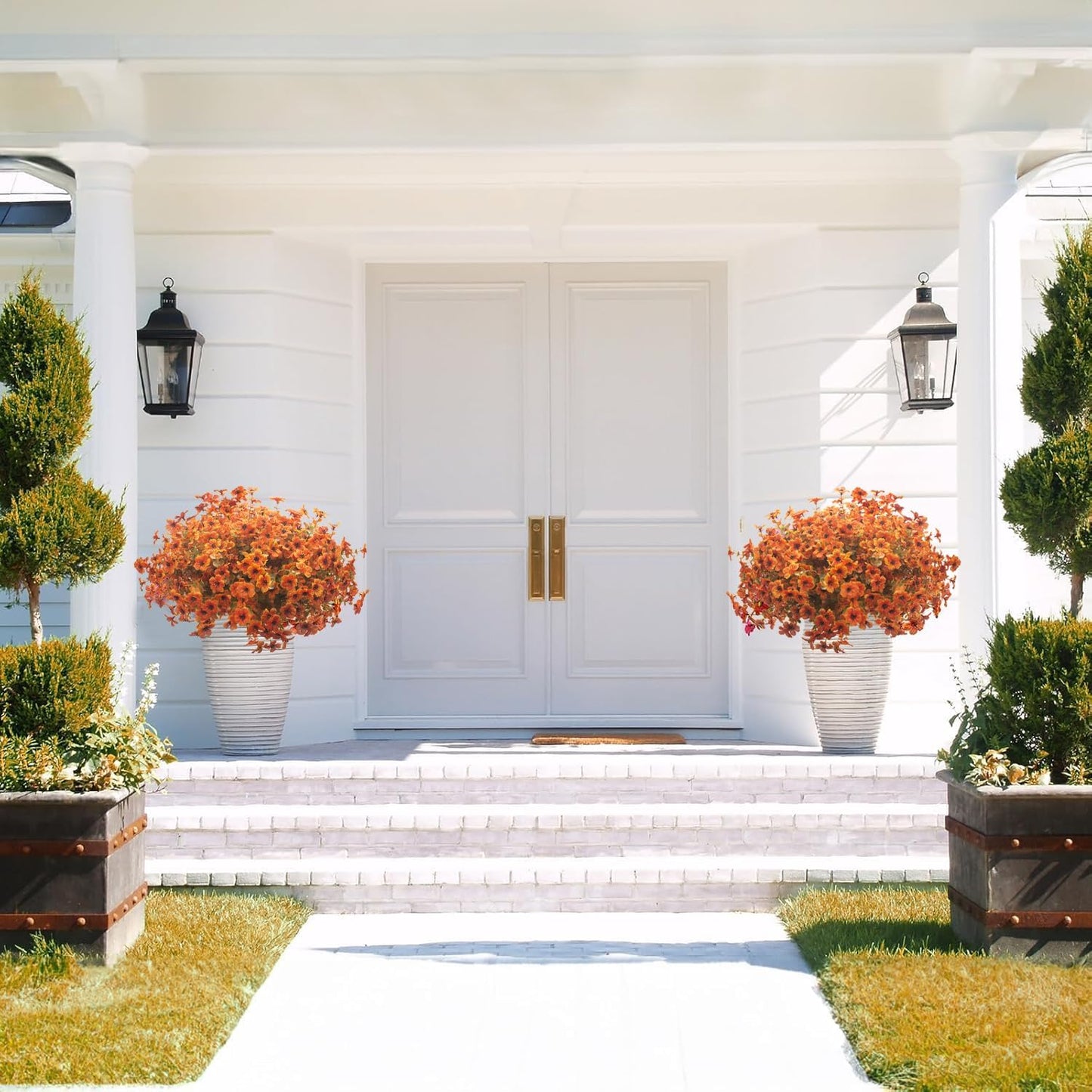 16 Bundles Artificial Fall Flowers for Outdoors Fake Plants UV Resistant Plastic Plants Shrubs Bushes for Home Fall Front Door Porch Garden Autumn Decor (Fall Red)